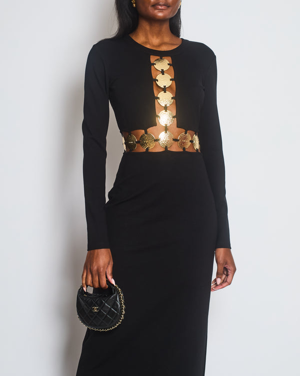 STAUD Black Delphine Cutout Maxi Dress with Gold Embellishments Size US 4 (UK 8)