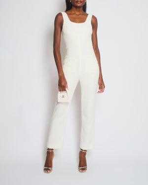 Chanel 23M White Tweed Coco Beach Backless Jumpsuit with Crystal CC Logo Size FR 36 (UK 8)