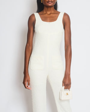 Chanel 23M White Tweed Coco Beach Backless Jumpsuit with Crystal CC Logo Size FR 36 (UK 8)