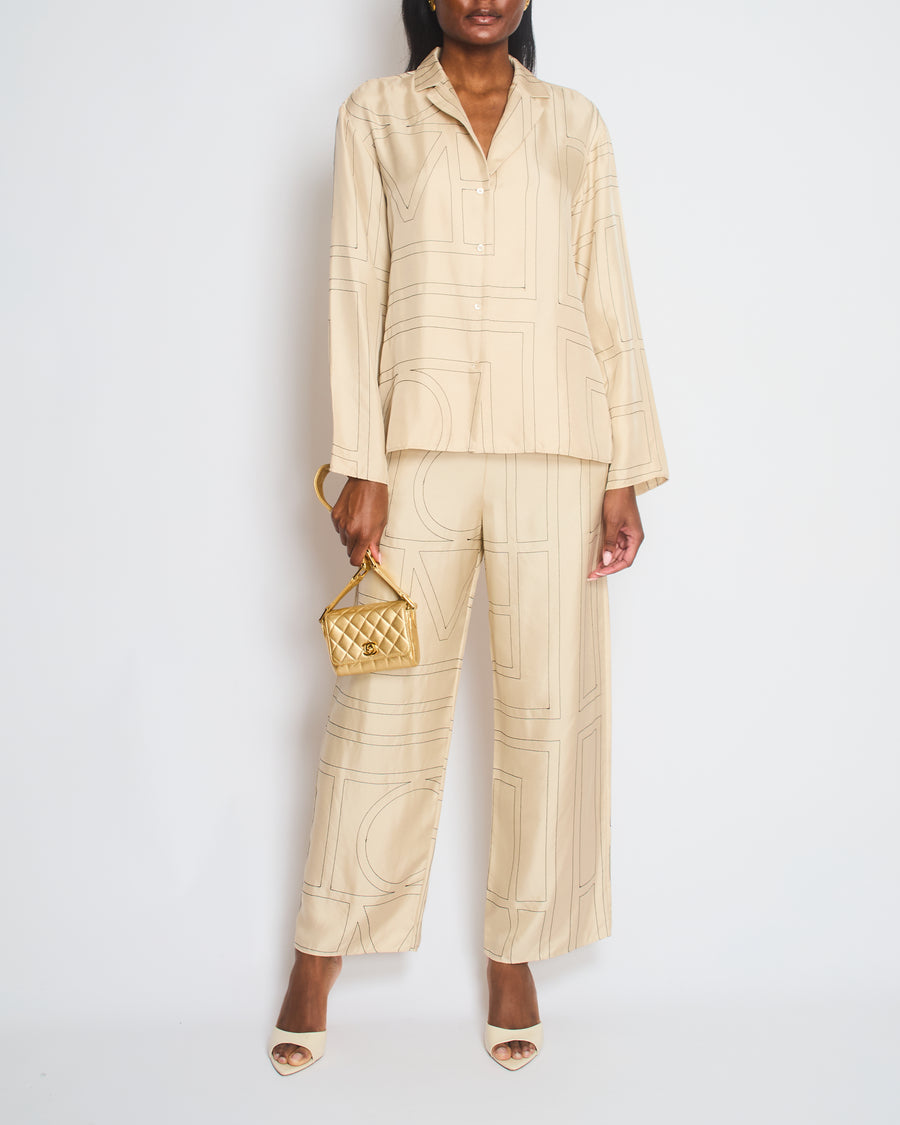 Toteme Beige Monogram Silk Pyjama Shirt and Trousers Set Size FR 32-34 (UK 4-6)  RRP £1070
