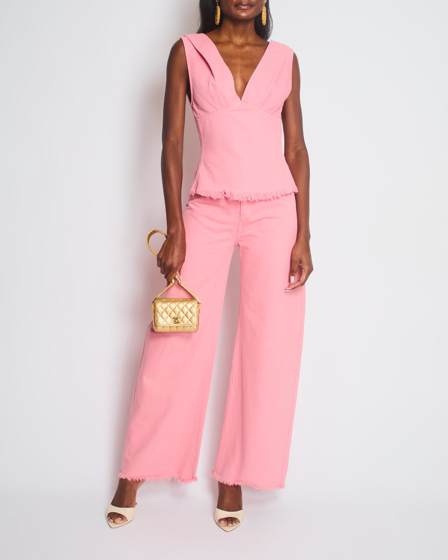 Marques Almeida Pink Denim Wide Leg Jeans and V-Neck Top Set with Yellow Logo Detail Size UK 6-8
