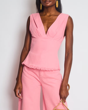 Marques Almeida Pink Denim Wide Leg Jeans and V-Neck Top Set with Yellow Logo Detail Size UK 6-8