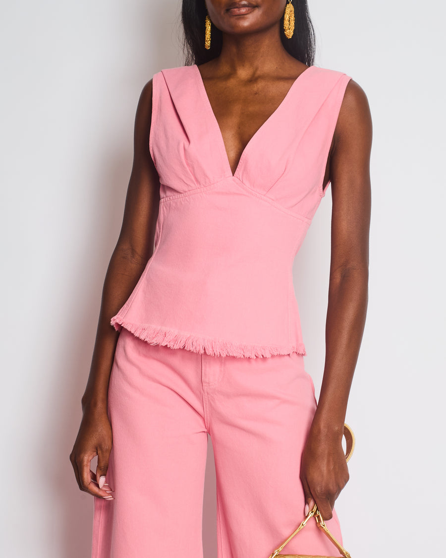 Marques Almeida Pink Denim Wide Leg Jeans and V-Neck Top Set with Yellow Logo Detail Size UK 6-8