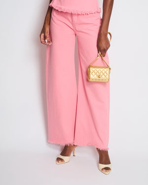 Marques Almeida Pink Denim Wide Leg Jeans and V-Neck Top Set with Yellow Logo Detail Size UK 6-8