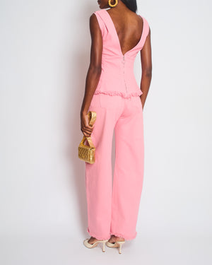 Marques Almeida Pink Denim Wide Leg Jeans and V-Neck Top Set with Yellow Logo Detail Size UK 6-8