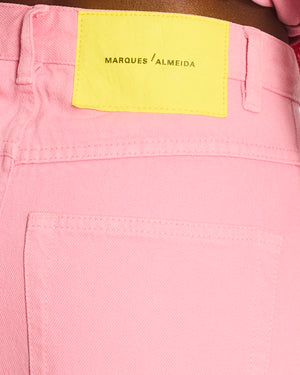 Marques Almeida Pink Denim Wide Leg Jeans and V-Neck Top Set with Yellow Logo Detail Size UK 6-8