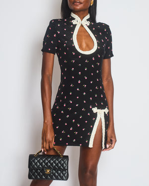 Alessandra Rich Black Rose-Print Silk Mini Dress with White Crochet Mandarin Collar and Slit Trim Size IT 40 (UK 8)