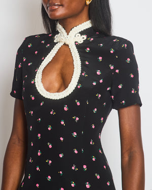 Alessandra Rich Black Rose-Print Silk Mini Dress with White Crochet Mandarin Collar and Slit Trim Size IT 40 (UK 8)