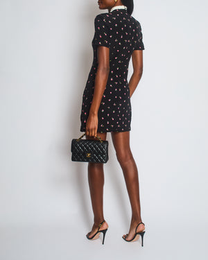 Alessandra Rich Black Rose-Print Silk Mini Dress with White Crochet Mandarin Collar and Slit Trim Size IT 40 (UK 8)