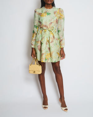 Zimmermann Pastel Green Pink and Yellow Floral Long Sleeve Mini Dress with Crystal Collar Detail Size 0 (UK 8)