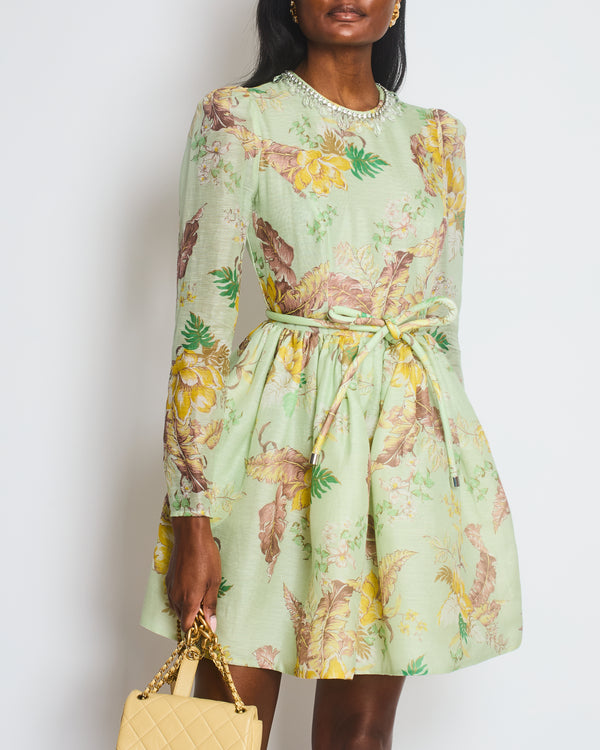 Zimmermann Pastel Green Pink and Yellow Floral Long Sleeve Mini Dress with Crystal Collar Detail Size 0 (UK 8)