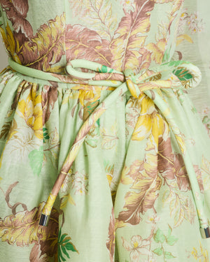 Zimmermann Pastel Green Pink and Yellow Floral Long Sleeve Mini Dress with Crystal Collar Detail Size 0 (UK 8)