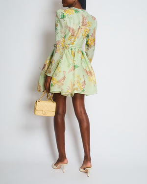 Zimmermann Pastel Green Pink and Yellow Floral Long Sleeve Mini Dress with Crystal Collar Detail Size 0 (UK 8)