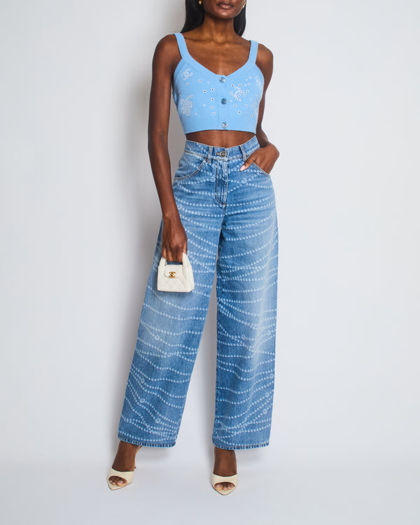 Chanel 25P Blue Denim Straight Leg Jeans with White Beaded CC Print and Silver CC Button Size FR 36 (UK 8)