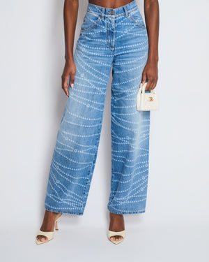 Chanel 25P Blue Denim Straight Leg Jeans with White Beaded CC Print and Silver CC Button Size FR 36 (UK 8)