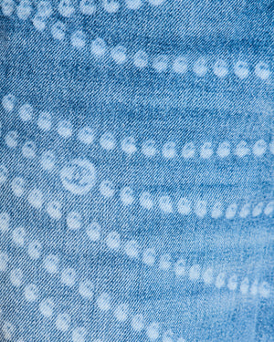 Chanel 25P Blue Denim Straight Leg Jeans with White Beaded CC Print and Silver CC Button Size FR 36 (UK 8)