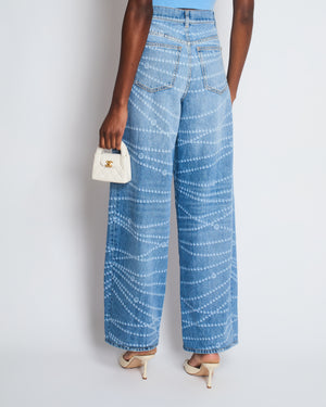 Chanel 25P Blue Denim Straight Leg Jeans with White Beaded CC Print and Silver CC Button Size FR 36 (UK 8)
