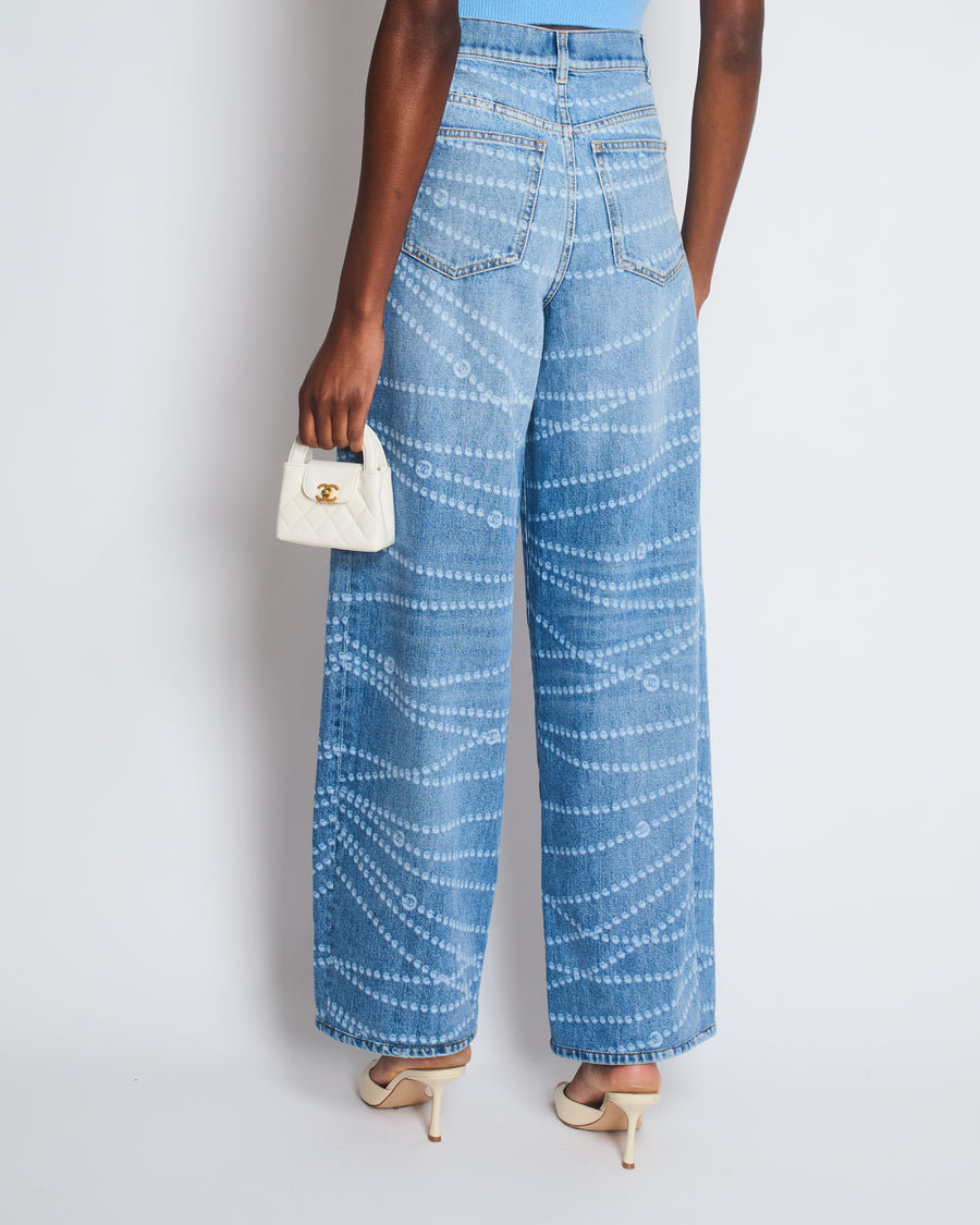Chanel 25P Blue Denim Straight Leg Jeans with White Beaded CC Print and Silver CC Button Size FR 36 (UK 8)