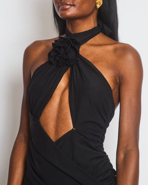 Magda Butrym Black Ruched Mini Dress with Floral Appliqué Size FR 38 (UK 10)