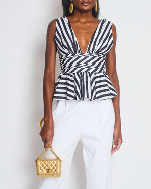 Caroline Constas Black and White Stripe V-Neck Cotton Top with Peplum Detail Size Small (UK 8-10)