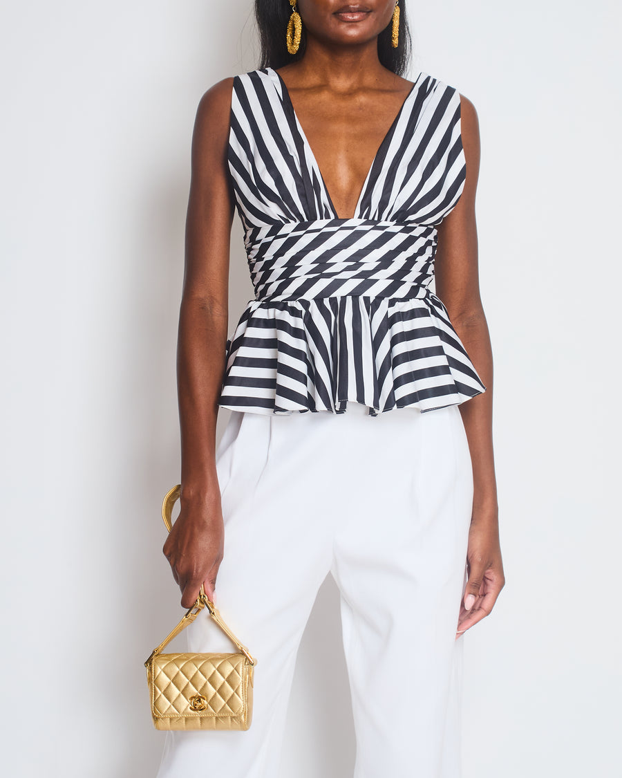 Caroline Constas Black and White Stripe V-Neck Cotton Top with Peplum Detail Size Small (UK 8-10)