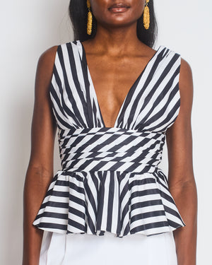 Caroline Constas Black and White Stripe V-Neck Cotton Top with Peplum Detail Size Small (UK 8)