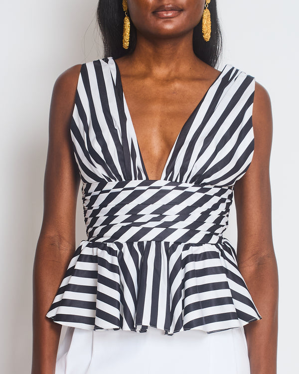 Caroline Constas Black and White Stripe V-Neck Cotton Top with Peplum Detail Size Small (UK 8-10)