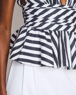 Caroline Constas Black and White Stripe V-Neck Cotton Top with Peplum Detail Size Small (UK 8-10)