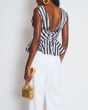 Caroline Constas Black and White Stripe V-Neck Cotton Top with Peplum Detail Size Small (UK 8)