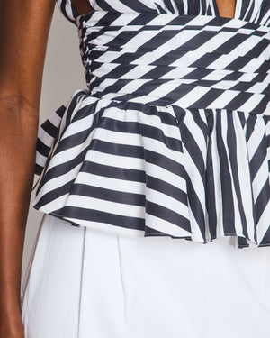 Caroline Constas Black and White Stripe V-Neck Cotton Top with Peplum Detail Size Small (UK 8)