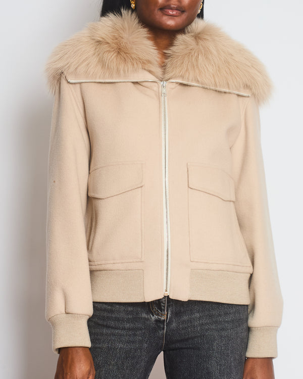 Yves Salomon Grey Cashmere Bomber Jacket with Pocket Detail and Fur Collar Size FR 38 (UK 10)