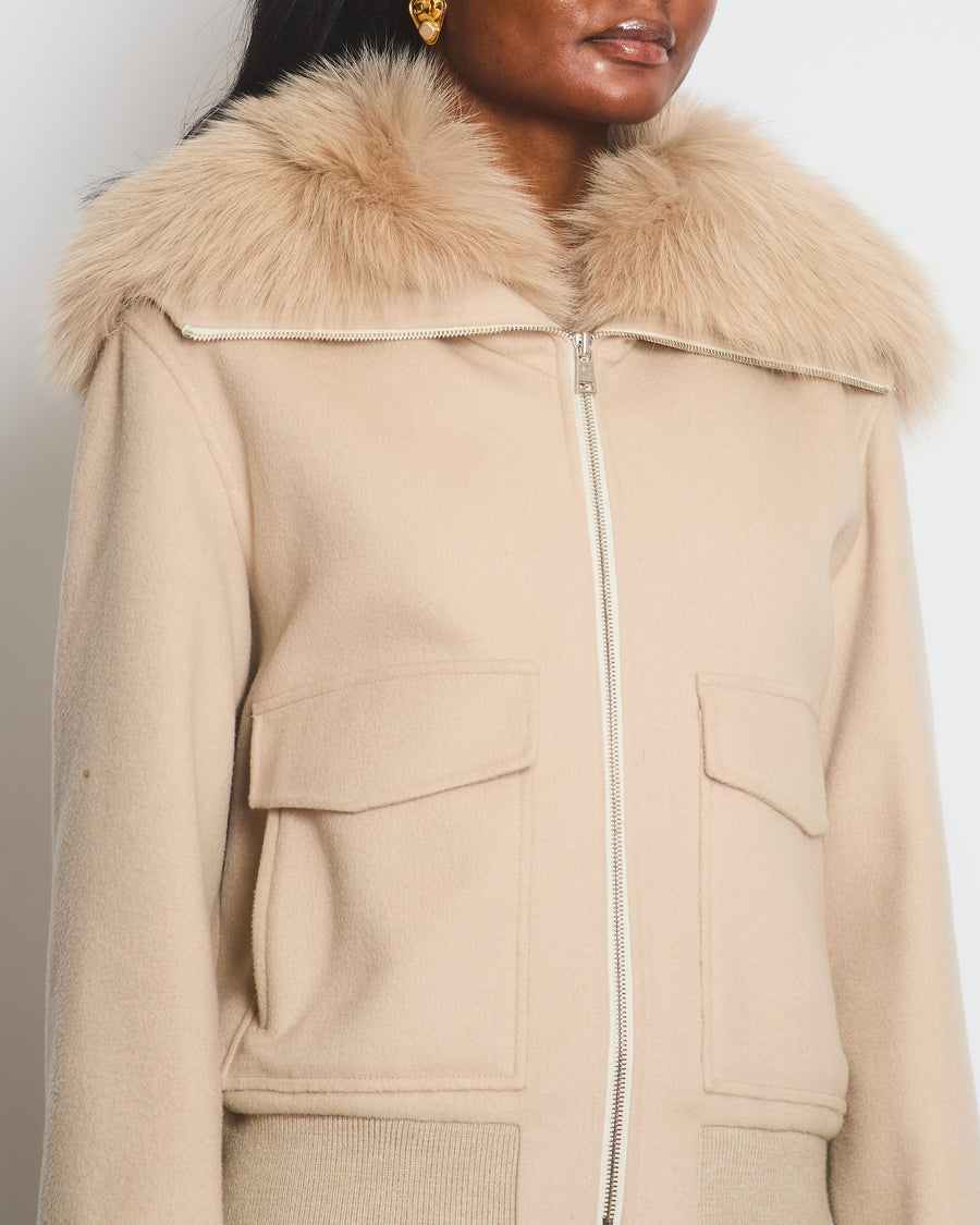 Yves Salomon Grey Cashmere Bomber Jacket with Pocket Detail and Fur Collar Size FR 38 (UK 10)