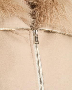 Yves Salomon Grey Cashmere Bomber Jacket with Pocket Detail and Fur Collar Size FR 38 (UK 10)