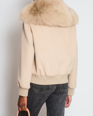 Yves Salomon Grey Cashmere Bomber Jacket with Pocket Detail and Fur Collar Size FR 38 (UK 10)