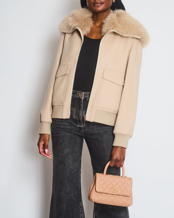 Yves Salomon Grey Cashmere Bomber Jacket with Pocket Detail and Fur Collar Size FR 38 (UK 10)