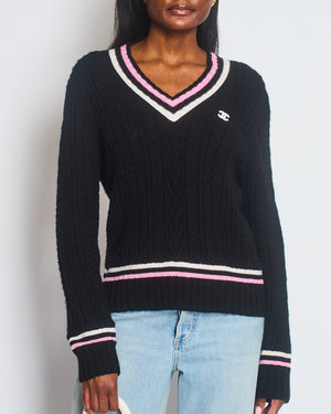 Chanel Black Cable-Knit V-Neck Long Sleeve Jumper with Pink and White Stripe Detail and CC Logo Size FR 40 (UK 12)