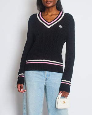 Chanel Black Cable-Knit V-Neck Long Sleeve Jumper with Pink and White Stripe Detail and CC Logo Size FR 40 (UK 12)