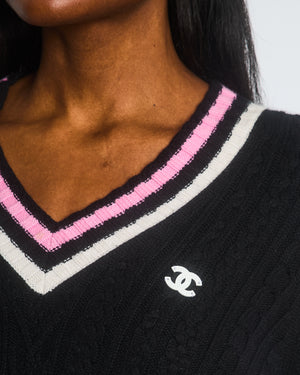 Chanel Black Cable-Knit V-Neck Long Sleeve Jumper with Pink and White Stripe Detail and CC Logo Size FR 40 (UK 12)