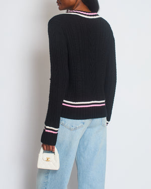 Chanel Black Cable-Knit V-Neck Long Sleeve Jumper with Pink and White Stripe Detail and CC Logo Size FR 40 (UK 12)