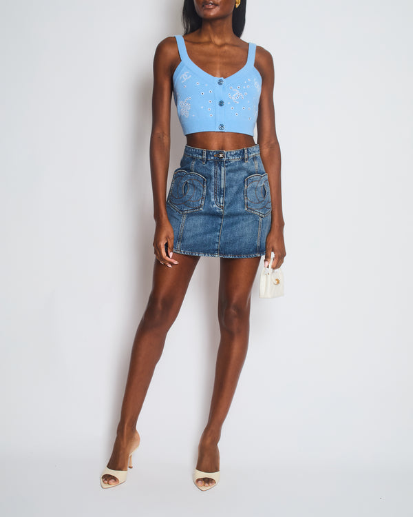 Chanel Blue Denim Mini Skirt with CC Logo Pocket Details Size FR 36 (UK 8)