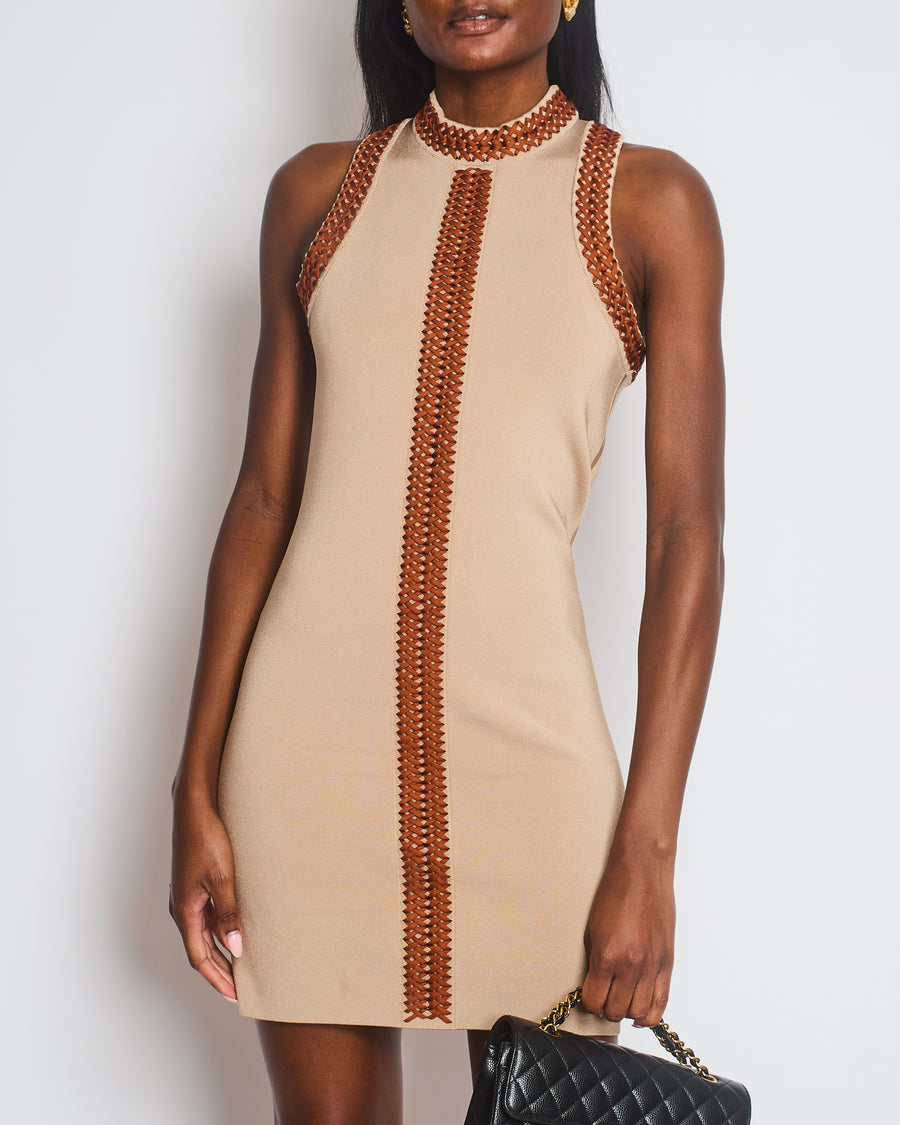 Hermés Beige Sleeveless Dress with Brown Braided Trim Size FR 36 (UK 8)