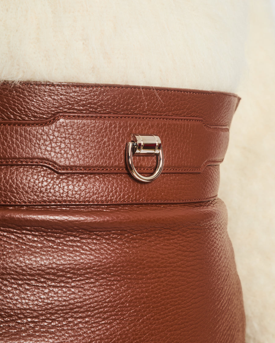 Hermès Brown Leather Mini Skirt with Palladium Buckle Size FR 34 (UK 6)