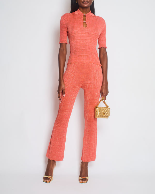 Chanel Burnt Orange Ribbed Knit Short Sleeve Top and Trousers with Silver CC Logo Detail Size FR 34-36 (UK 6-8)