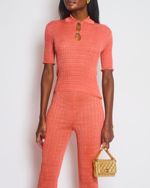 Chanel Burnt Orange Ribbed Knit Short Sleeve Top and Trousers with Silver CC Logo Detail Size FR 34-36 (UK 6-8)