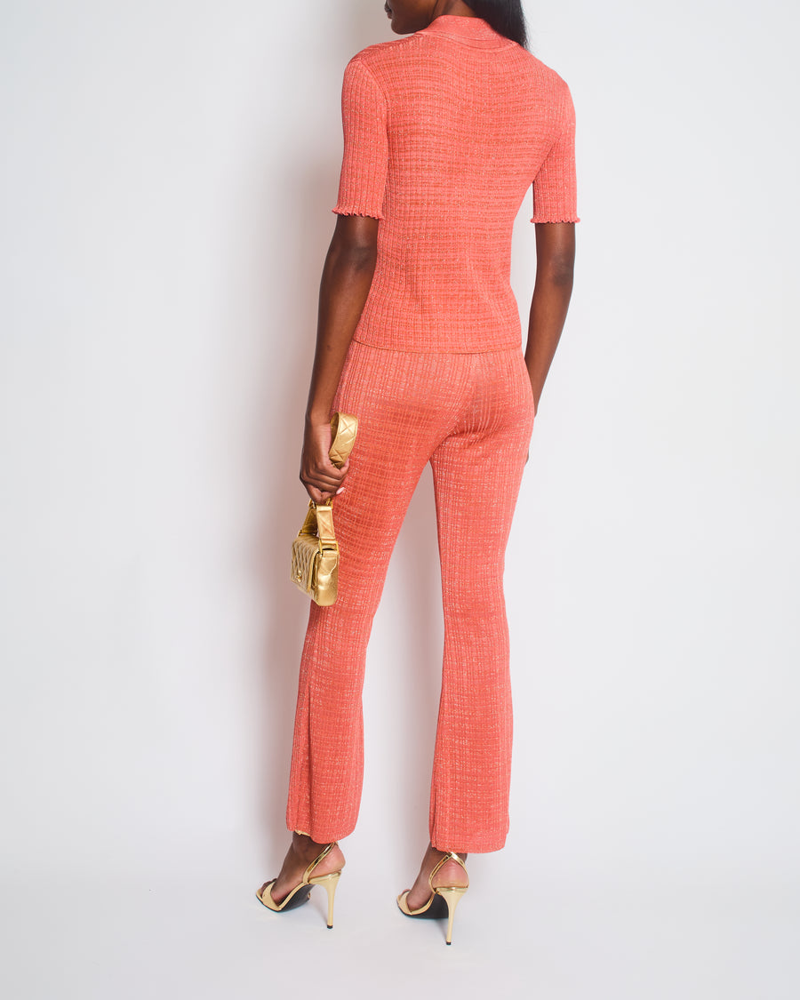 Chanel Burnt Orange Ribbed Knit Short Sleeve Top and Trousers with Silver CC Logo Detail Size FR 34-36 (UK 6-8)