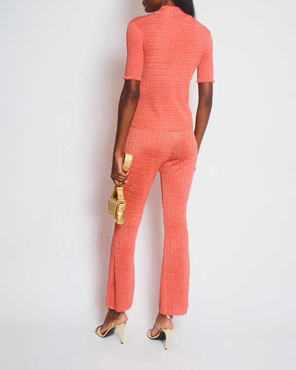 Chanel Burnt Orange Ribbed Knit Short Sleeve Top and Trousers with Silver CC Logo Detail Size FR 34-36 (UK 6-8)
