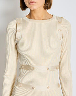 Hermès Cream Ribbed Knit Dress with Button Details Size FR 36 (UK 8)