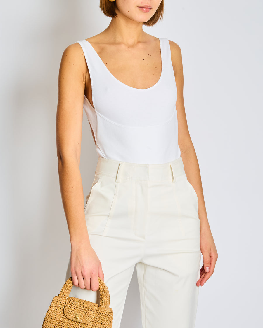 Alaia White Sleeveless Bodysuit with Scoop Back Detail Size