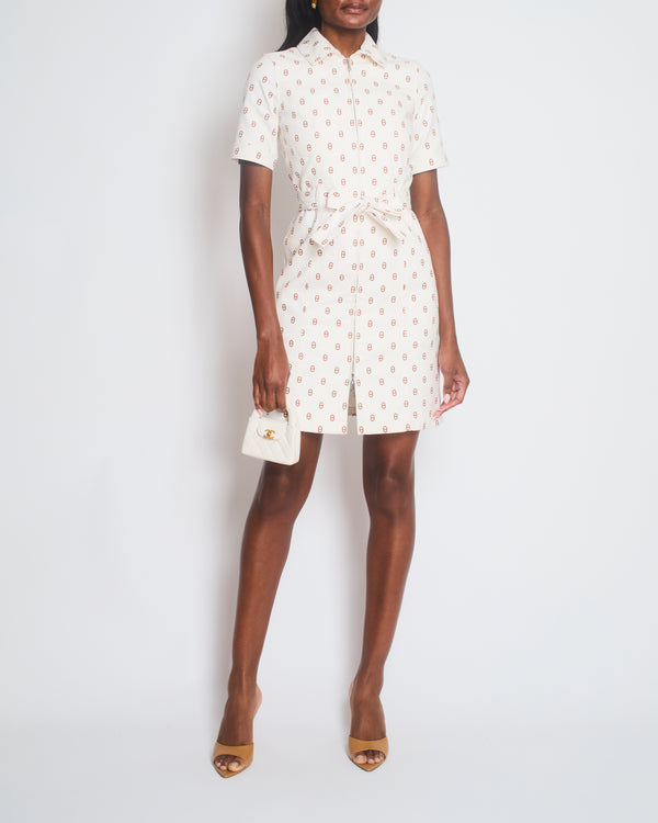 Hermès White and Brown Chain D'ancre Belted Midi Dress Size FR 34 (UK 6)