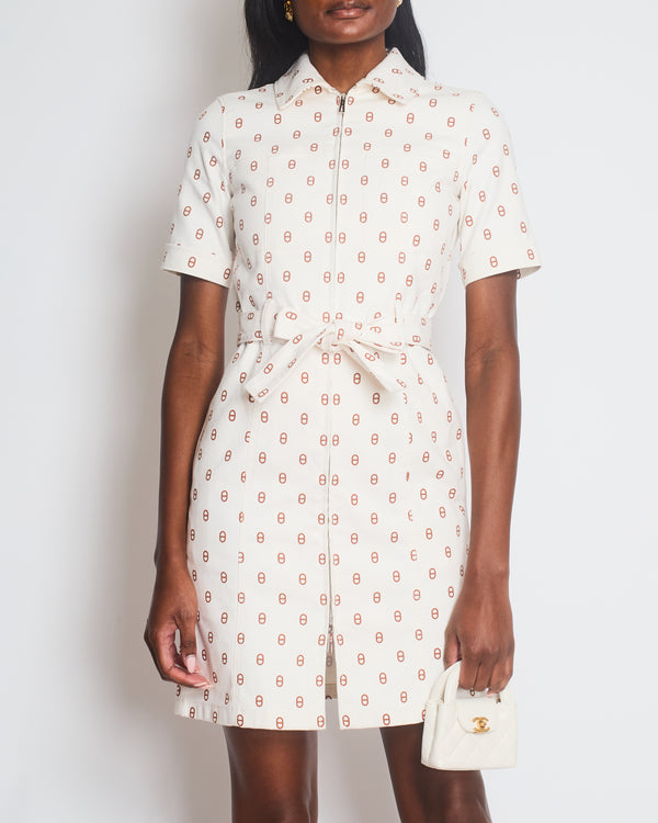 Hermès White and Brown Chain D'ancre Belted Midi Dress Size FR 34 (UK 6)